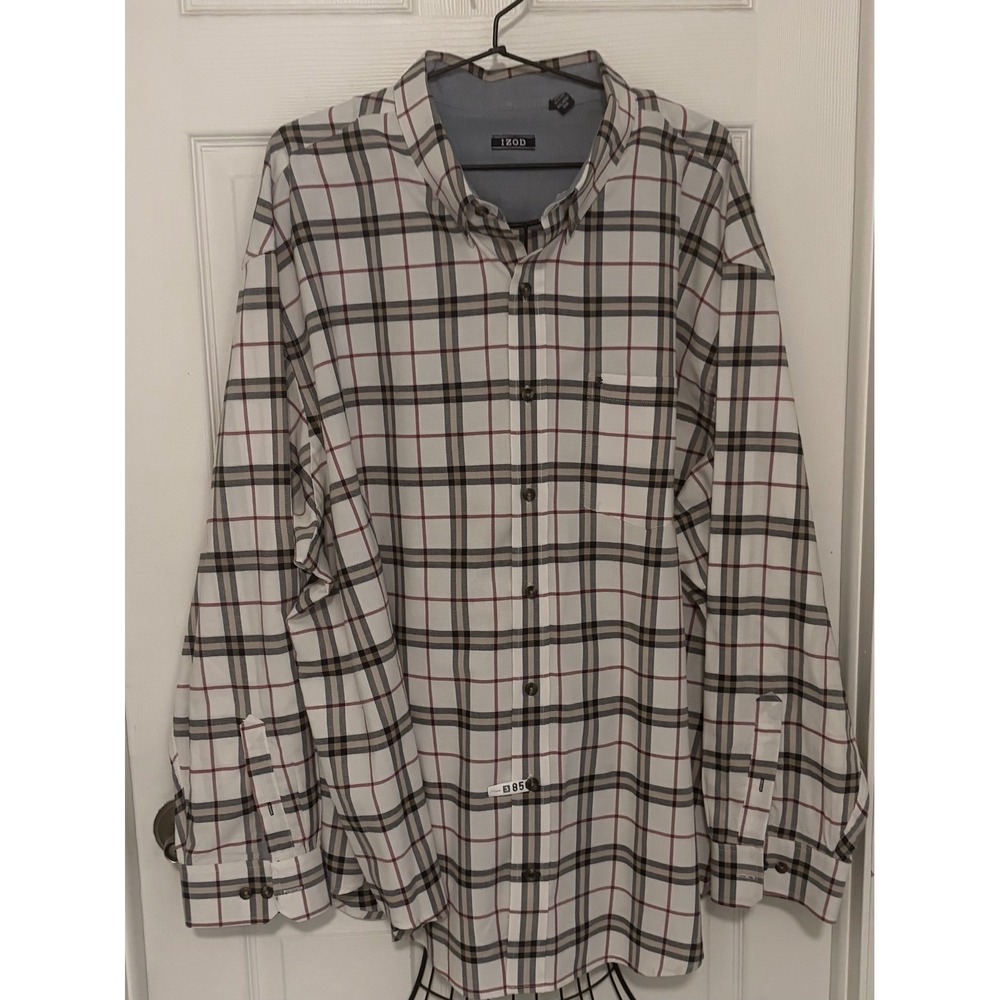 IZOD Men's 4XL White Gray Red Plaid Long Sleeve Button Down Shirt
